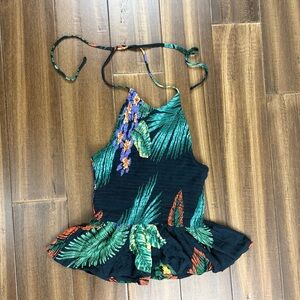 Patrons of Peace size XS Tropical Foliage Halter Tie Crop Top Floral Y2K Smocked